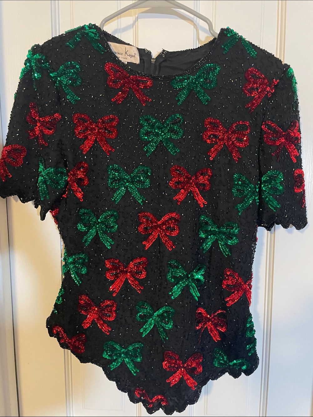 Lawrence Kazar silk beaded bow holiday top M
